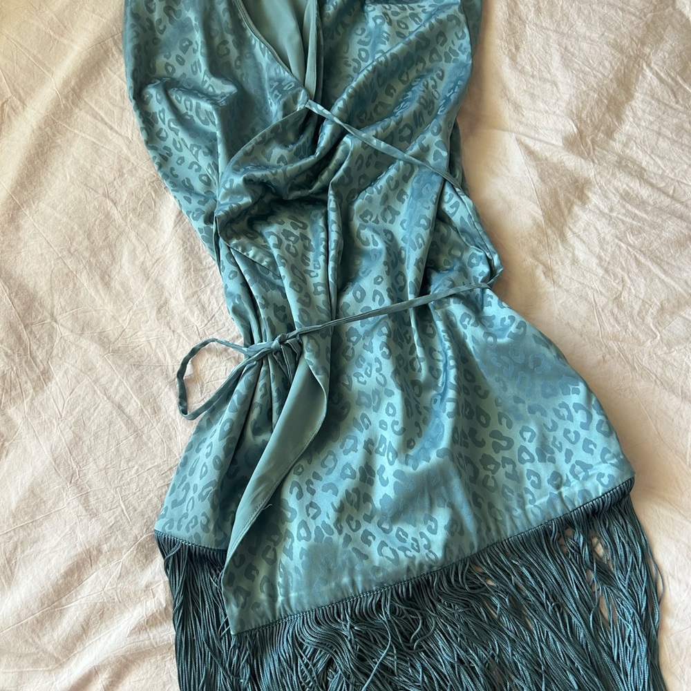 REVOLVE House of Harlow Teal Leopard Print Fringe Dress